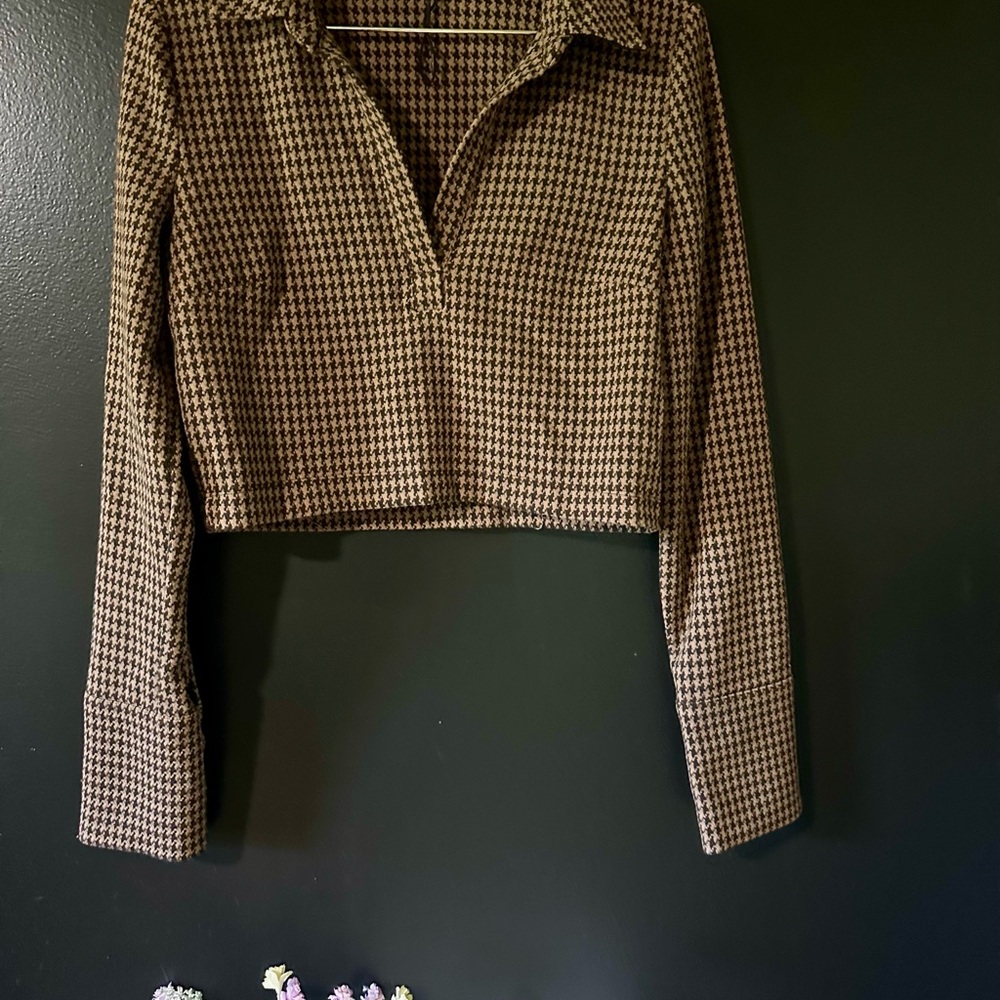 Zara Black and Brown Houndstooth Button Down Shirt